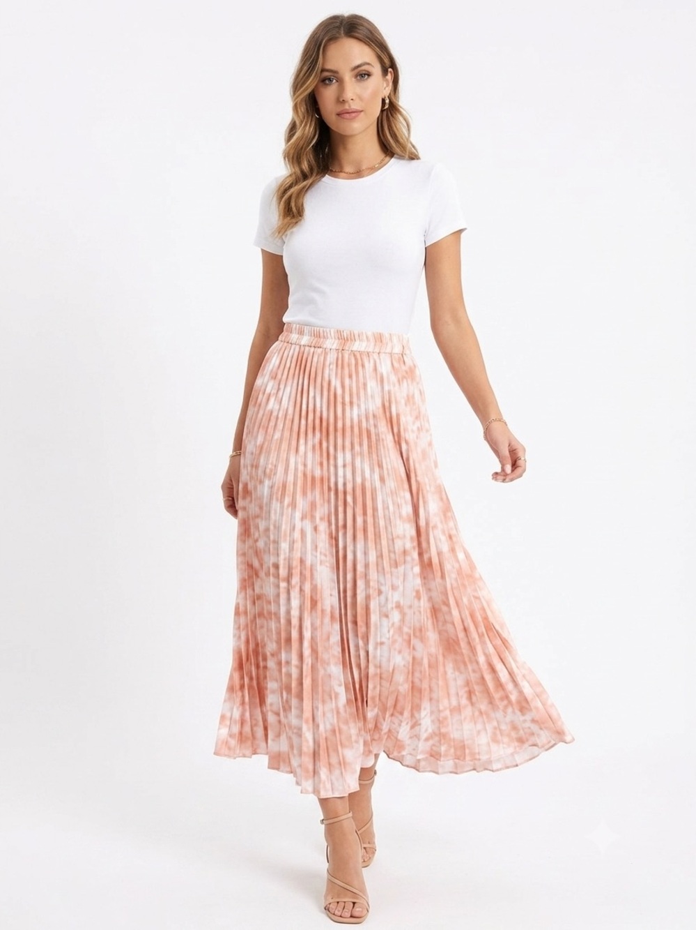 Time and Tru Pleated Satin Midi Skirt in Blush Pink